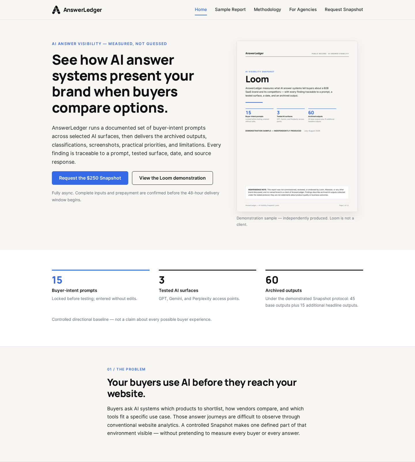 Desktop view of the AnswerLedger website: headline “See how AI answer systems present your brand when buyers compare options” and a report preview