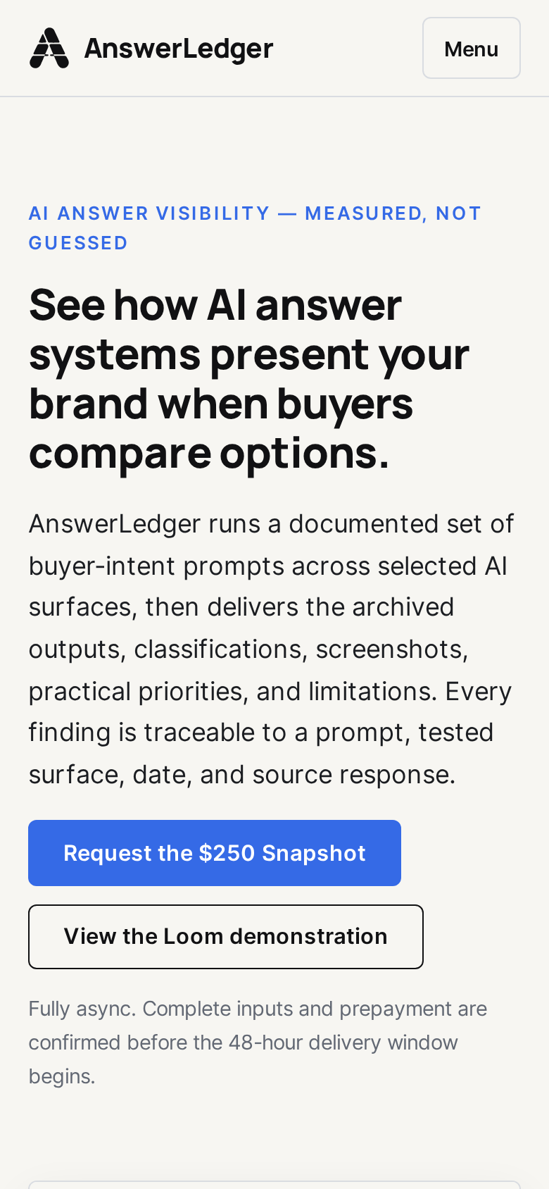 Mobile view of the AnswerLedger website
